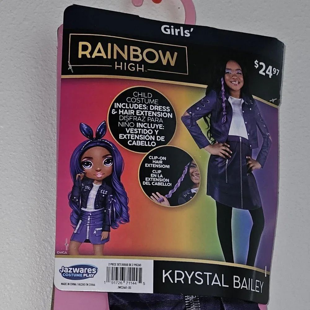 NWT Rainbow High Krystal Bailey Halloween Costume Girls XS 4/5 Dress Hair Extens